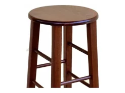 Taburete de madera maciza de nogal oscuro h 80 con asiento redondo y patas de sable