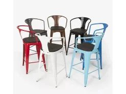 taburete de metal y madera con respaldo de diseño industrial estilo steel wood back - Azul