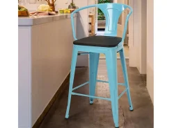 taburete de metal y madera con respaldo de diseño industrial estilo steel wood back - Azul