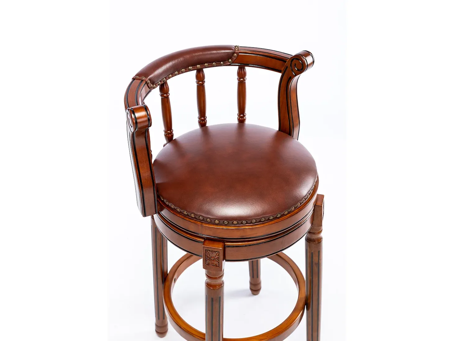 Taburete giratorio de bar - Asiento de cuero marrón - Madera - Color nogal