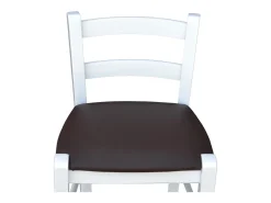 Taburete h80cm en madera lacada en blanco con respaldo y asiento en ecopiel marrón