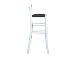 Taburete h80cm en madera lacada en blanco con respaldo y asiento en ecopiel marrón