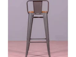 Taburete industrial en acero envejecido con respaldo bajo y asiento de madera - Bistro - Antique