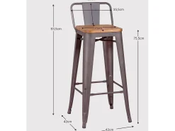 Taburete industrial en acero envejecido con respaldo bajo y asiento de madera - Bistro - Antique