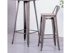 Taburete industrial en acero envejecido con respaldo bajo y asiento de madera - Bistro - Antique
