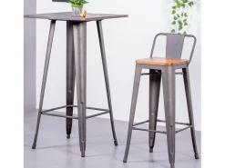 Taburete industrial en acero envejecido con respaldo bajo y asiento de madera - Bistro - Antique