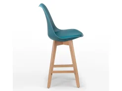 Taburete nórdico con cojín polipiel azul pato y patas de haya clara Tula 67 cm