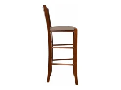Taburete Verona en madera de nogal oscuro, altura 73 cm, con asiento acolchado color gris tórtola.