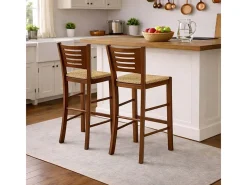 Taburetes altos de bar Verona en madera de nogal oscuro h 73 con asiento de paja x 2