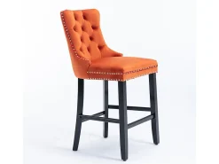 Taburetes de bar acolchados, juego de 2 Con remaches decorativos y patas de madera Adornos cromados con remaches Tapizado de terciopelo, naranja