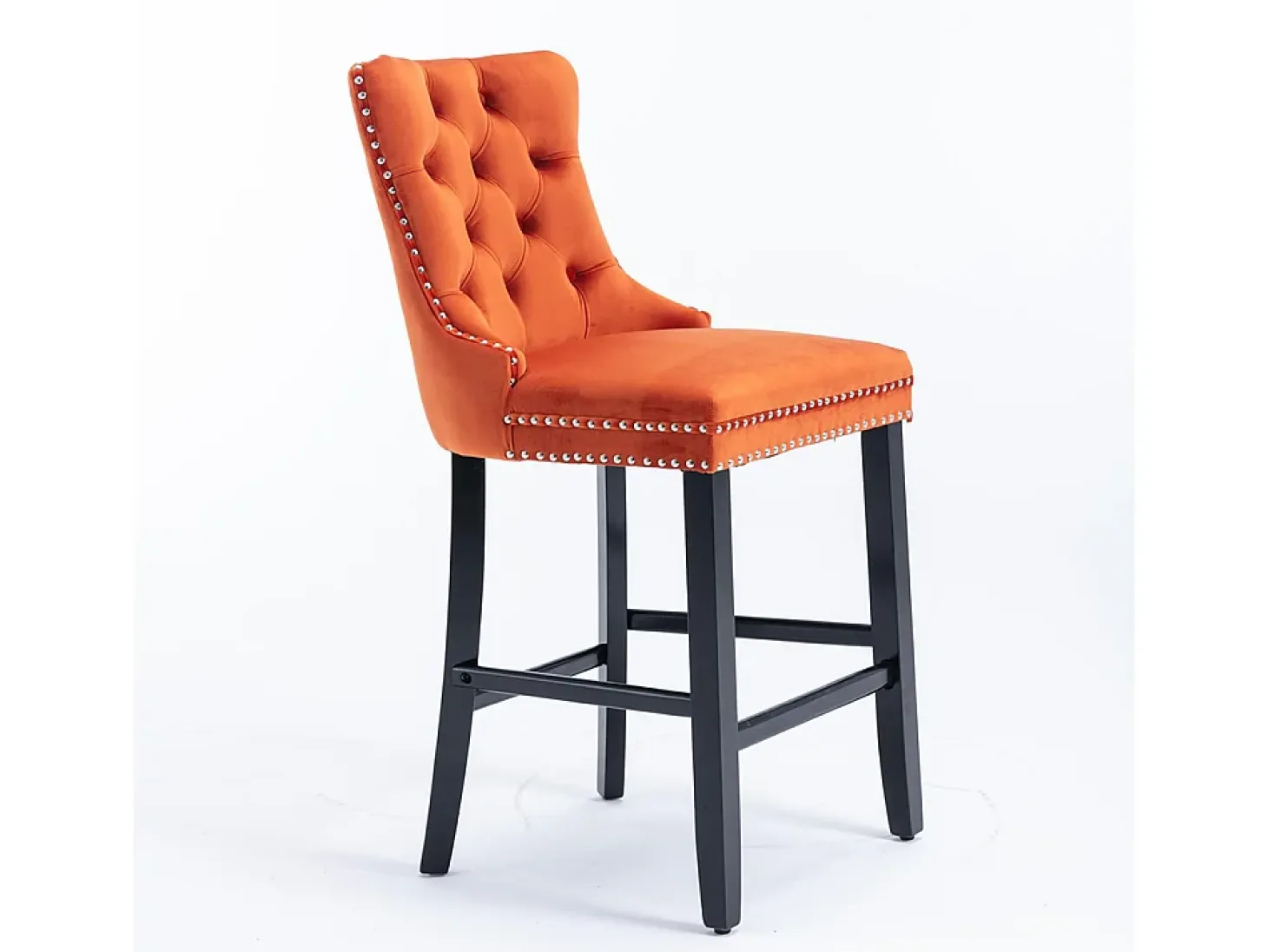 Taburetes de bar acolchados, juego de 2 Con remaches decorativos y patas de madera Adornos cromados con remaches Tapizado de terciopelo, naranja
