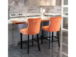 Taburetes de bar acolchados, juego de 2 Con remaches decorativos y patas de madera Adornos cromados con remaches Tapizado de terciopelo, naranja