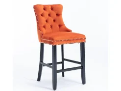 Taburetes de bar acolchados, juego de 2 Con remaches decorativos y patas de madera Adornos cromados con remaches Tapizado de terciopelo, naranja
