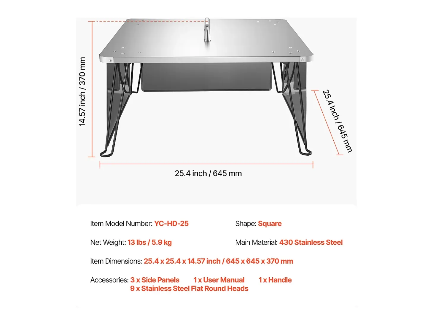 Tapa de Brasero SucceBuy de Acero Inoxidable, 64.5 x 64.5 x 37 cm, Deflector de Calor Exterior para Fogatas, Camping y Calefacción de Madera