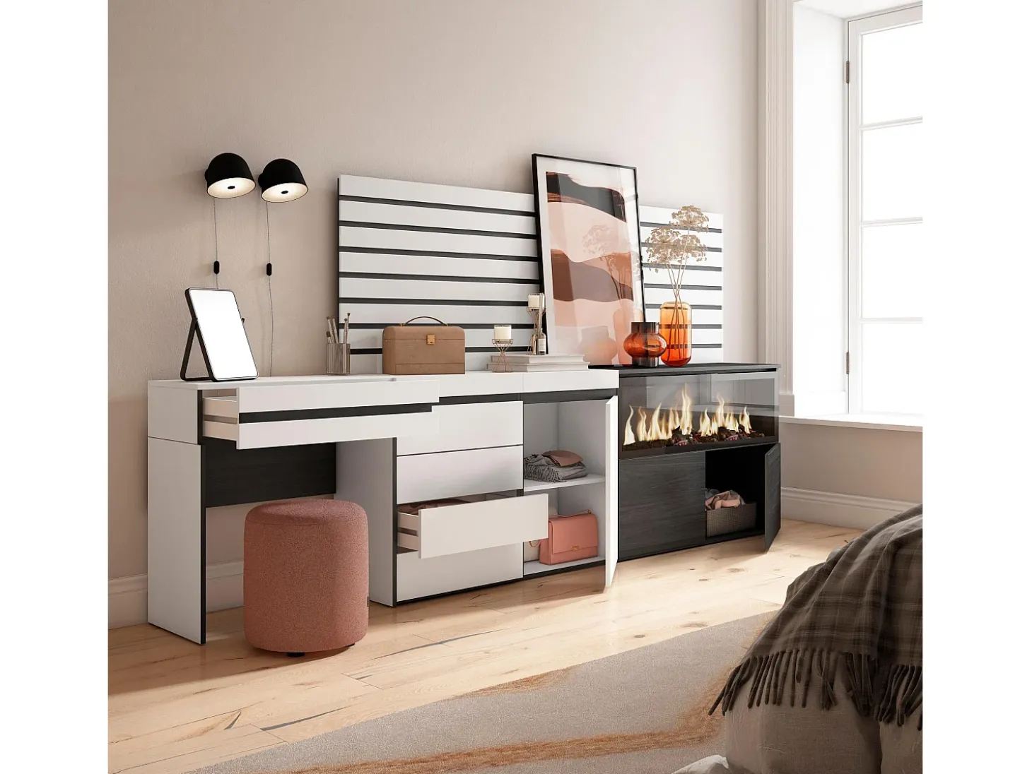 Tocador, 284x35x145cm, Con cajón, Chimenea eléctrica XXL, Cómoda, Cajonera, Listones Decorativos, Blanco