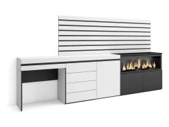 Tocador, 284x35x145cm, Con cajón, Chimenea eléctrica XXL, Cómoda, Cajonera, Listones Decorativos, Blanco