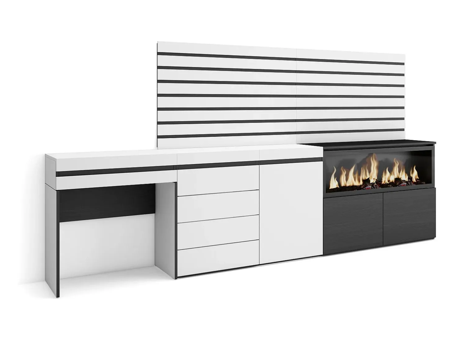 Tocador, 284x35x145cm, Con cajón, Chimenea eléctrica XXL, Cómoda, Cajonera, Listones Decorativos, Blanco