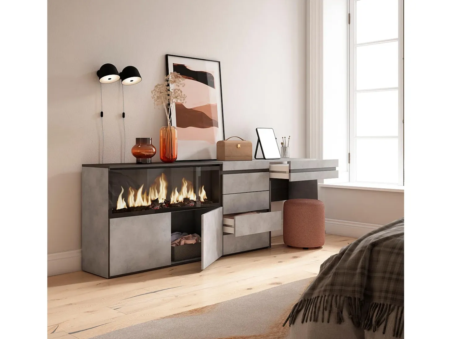 Tocador, 234x35x75cm, Con cajón, Chimenea eléctrica XXL, Cómoda, Cajonera, Cemento