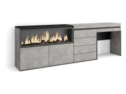 Tocador, 234x35x75cm, Con cajón, Chimenea eléctrica XXL, Cómoda, Cajonera, Cemento
