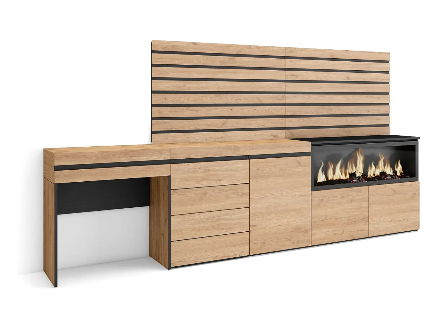 Tocador, 284x35x145cm, Con cajón, Chimenea eléctrica XXL, Cómoda, Cajonera, Listones Decorativos, Roble