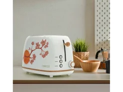 Tostadora de Pan Caprizze Kaito con Doble Ranura Extra Ancha 6 Niveles de Tostado Decoración Floral y Efecto Madera Blanca Mate