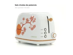 Tostadora de Pan Caprizze Kaito con Doble Ranura Extra Ancha 6 Niveles de Tostado Decoración Floral y Efecto Madera Blanca Mate