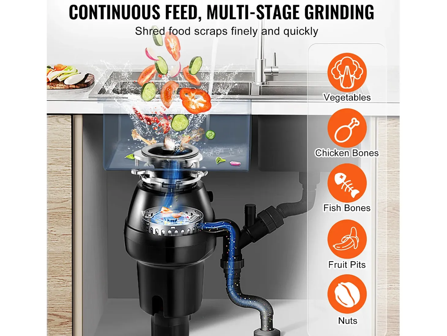 Triturador de Residuos SucceBuy para Fregadero de Cocina, 1/2 CV, Sistema de Trituración de Residuos de Alimentos, 3820 rpm, con Cable de Alimentación