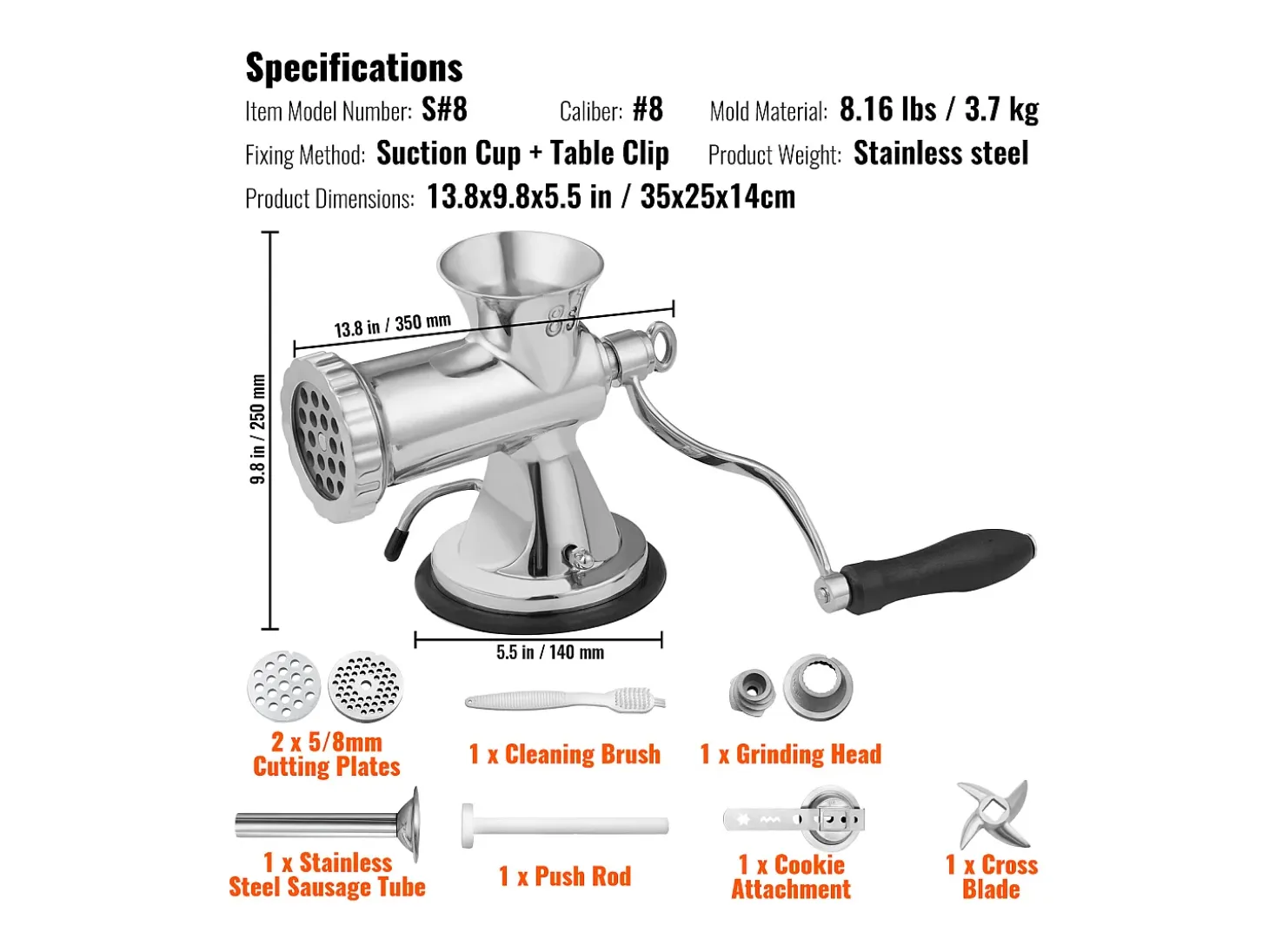 Trujillo para Carnes Manual Succebuy en Acero Inoxidable 304 con Ventosa y Pinza