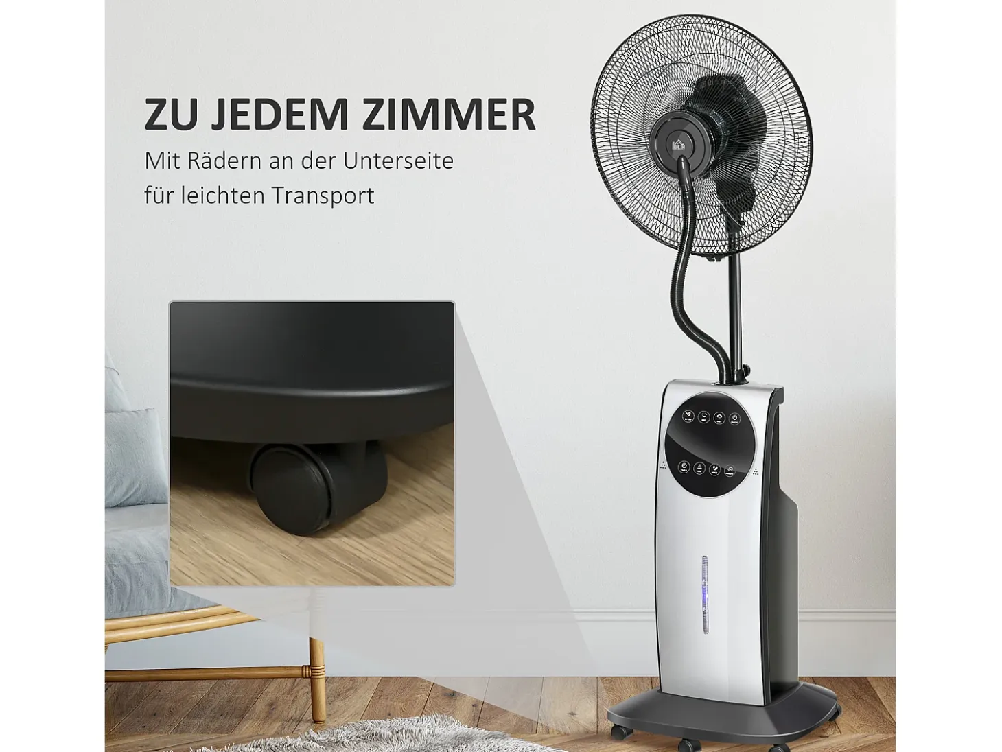 Ventilador con función nebulizador 90W, 3 modos, depósito de 31L, ruedas, mando a distancia, oscilante, negro (44,5x38,5x135cm)