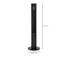 Ventilador de pedestal 3 velocidades, oscilación 70°, temporizador 12H, 4 modos, control remoto, acero, negro (31,5x31,5x117cm)