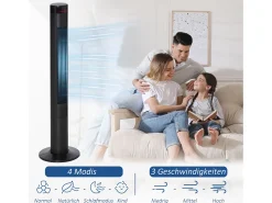 Ventilador de pedestal 3 velocidades, oscilación 70°, temporizador 12H, 4 modos, control remoto, acero, negro (31,5x31,5x117cm)