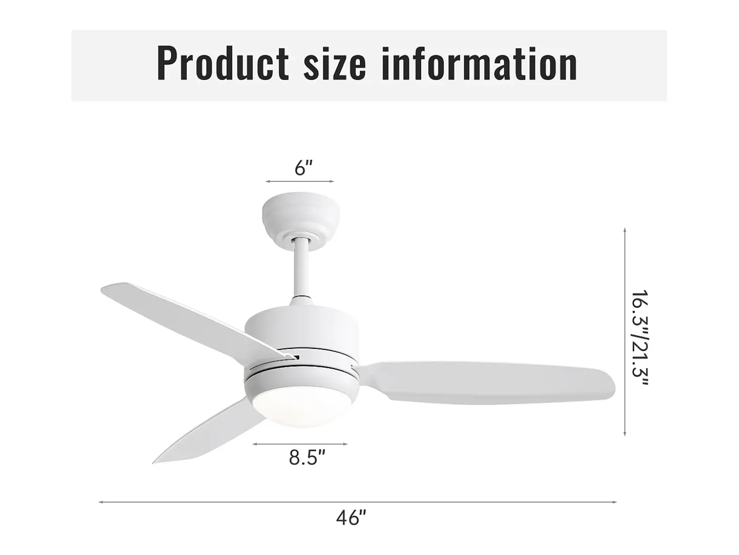 Ventilador de techo blanco - Ventilador de techo para sala de estar con 6 velocidades y 3 aspas de ABS - Iluminación LED