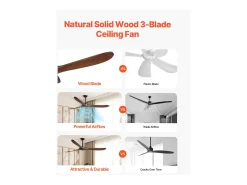 Ventilador de Techo con Aspas de Madera SucceBuy 183cm sin Luz con Mando a Distancia y Motor Reversible en Nogal