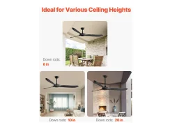 Ventilador de Techo con Aspas de Madera SucceBuy 183cm sin Luz con Mando a Distancia y Motor Reversible Negro