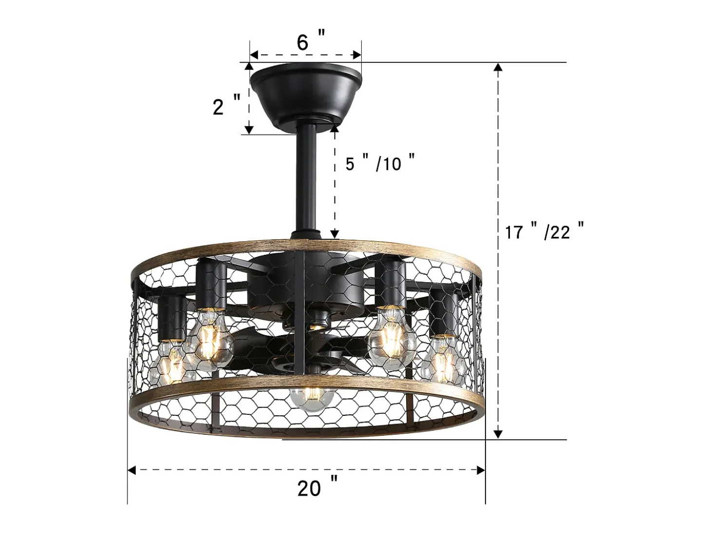 Ventilador de techo de 50,8 cm con 7 aspas, luz y control remoto, motor CC reversible, color negro