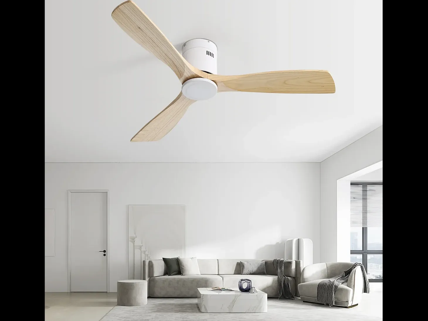 Ventilador de techo de 132 cm, 3 aspas de madera, 6 velocidades y temporizador, motor CC reversible, luz natural