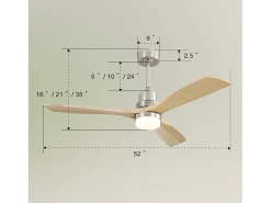 Ventilador de techo de 132 cm, 3 aspas de madera con LED, 6 velocidades y temporizador, motor CC reversible, color plateado