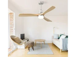 Ventilador de techo de 132 cm, 3 aspas de madera con LED, 6 velocidades y temporizador, motor CC reversible, color plateado