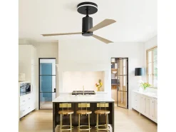 Ventilador de techo de 132 cm, 3 aspas en chapa de madera natural con LED, 6 velocidades y temporizador, motor CC reversible, color negro