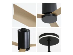 Ventilador de techo de 132 cm, 3 aspas en chapa de madera natural con LED, 6 velocidades y temporizador, motor CC reversible, color negro