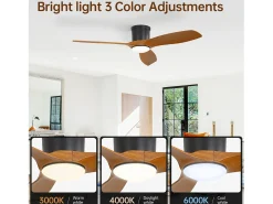 Ventilador de techo de 52 pulgadas con mando a distancia, 3 aspas ABS, LED regulable de 18 W, 3 colores, función reversible, negro (132 x 132 x 22,86 cm)