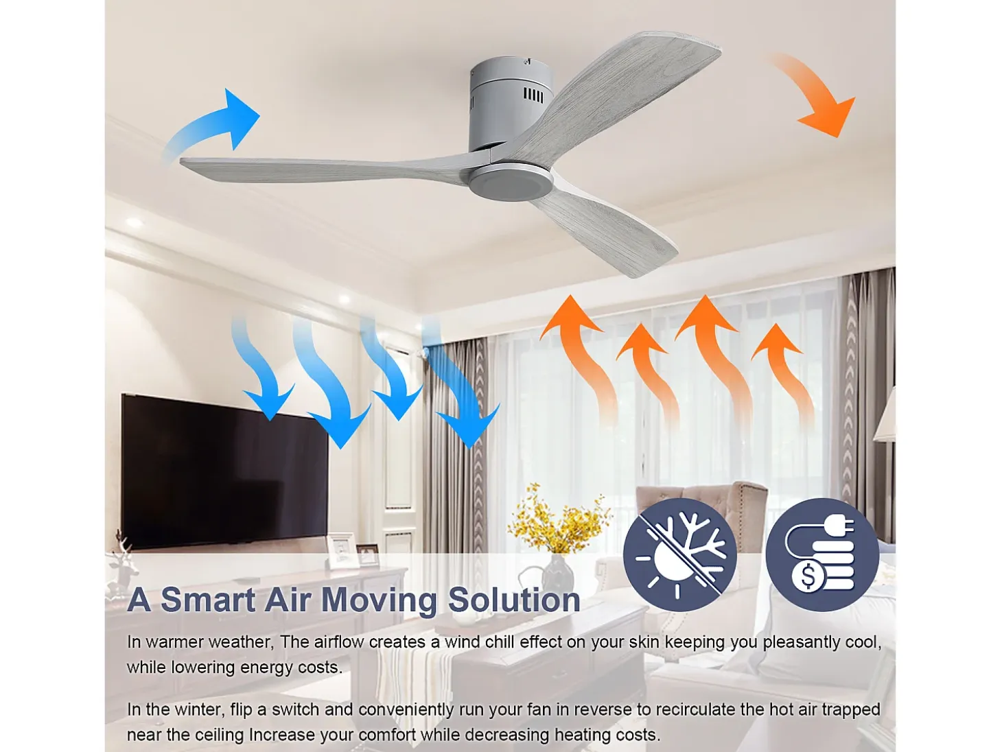 Ventilador de techo moderno plateado - Ventilador de techo de 52" con 3 aspas - Motor de CC reversible y silencioso - Para sala de estar