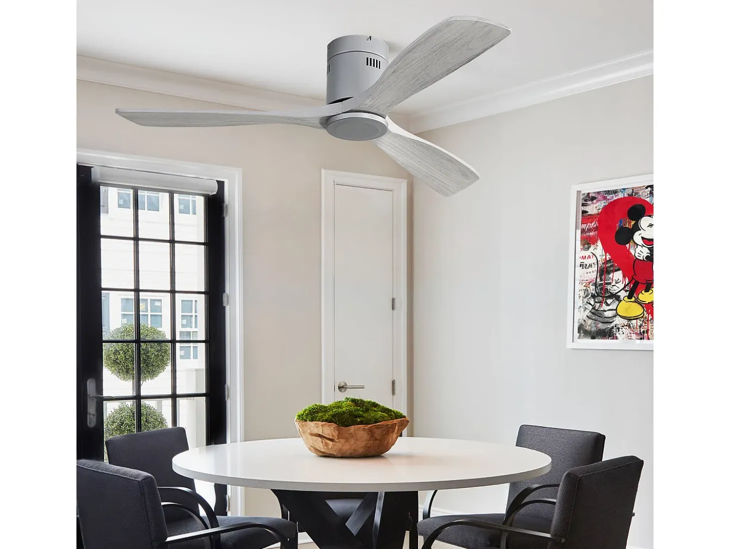 Ventilador de techo moderno plateado - Ventilador de techo de 52" con 3 aspas - Motor de CC reversible y silencioso - Para sala de estar