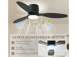 Ventilador de techo negro - Ventilador de techo con luz LED y 3 aspas - 6 velocidades - para dormitorios