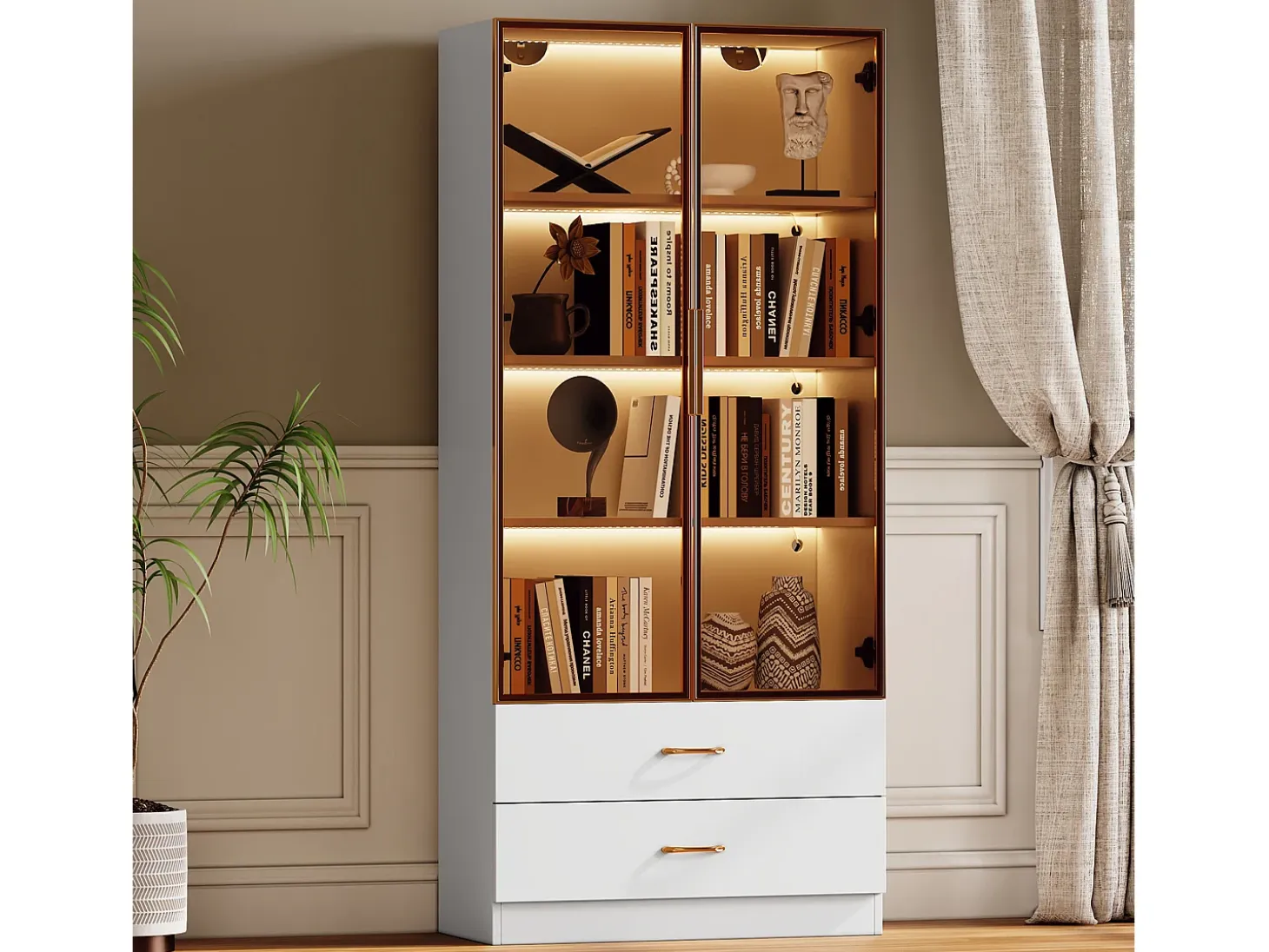Vitrina, aparador alto con 2 cajones y 2 puertas de cristal - 75 X 34,5 X 170 cm - Madera MDF - Marrón