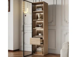 Vitrina, aparador alto con 1 puerta de cristal y 1 cajón interior - 40 X 34,5 X 165 cm - Madera MDF - Natural
