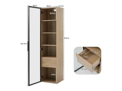 Vitrina, aparador alto con 1 puerta de cristal y 1 cajón interior - 40 X 34,5 X 165 cm - Madera MDF - Natural