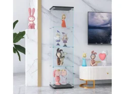 Vitrina de 4 niveles, vitrina transparente para figuras, vitrina de vidrio templado con puerta, color negro