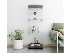 Vitrina de cristal con 3 estantes, 127 x 45 x 14 cm, vitrina de pie, vitrina para salón, color negro