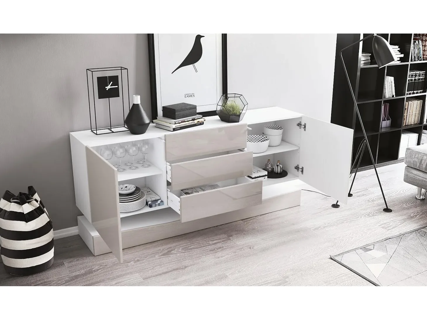 Vladon Aparador City, blanco mate/gris arena de alto brillo con LED - Cómoda moderna para su salón (178 x 72 x 38 cm)
